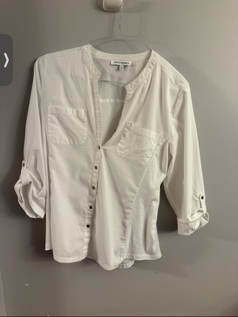 Emily Daniels White Roll Tab Sleeve Button Front Blouse Size Large